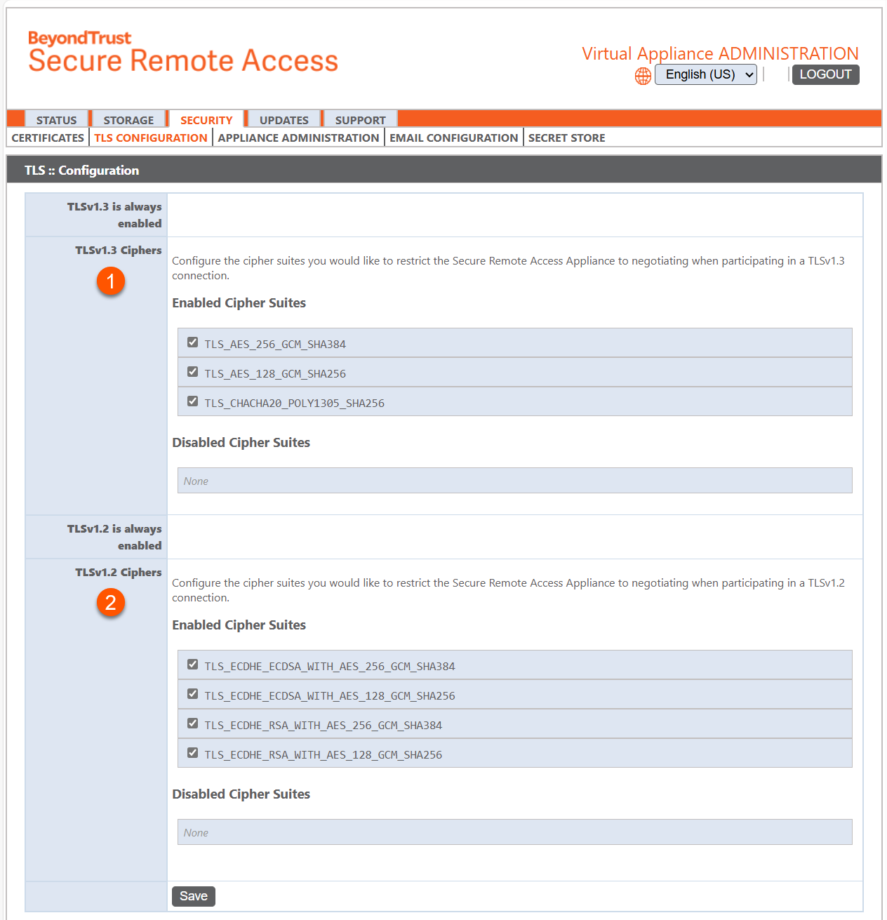 An image of BeyondTrust Secure Remote Access TLS Configuration page showing enabled and disabled cipher suites for TLSv1.3 and TLSv1.2. TLSv1.3 section lists three enabled cipher suites: TLS_AES_256_GCM_SHA384, TLS_AES_128_GCM_SHA256, and TLS_CHACHA20_POLY1305_SHA256. TLSv1.2 section lists four enabled cipher suites: TLS_ECDHE_ECDSA_WITH_AES_256_GCM_SHA384, TLS_ECDHE_ECDSA_WITH_AES_128_GCM_SHA256, TLS_ECDHE_RSA_WITH_AES_256_GCM_SHA384, and TLS_ECDHE_RSA_WITH_AES_128_GCM_SHA256. No cipher suites are disabled in either section.