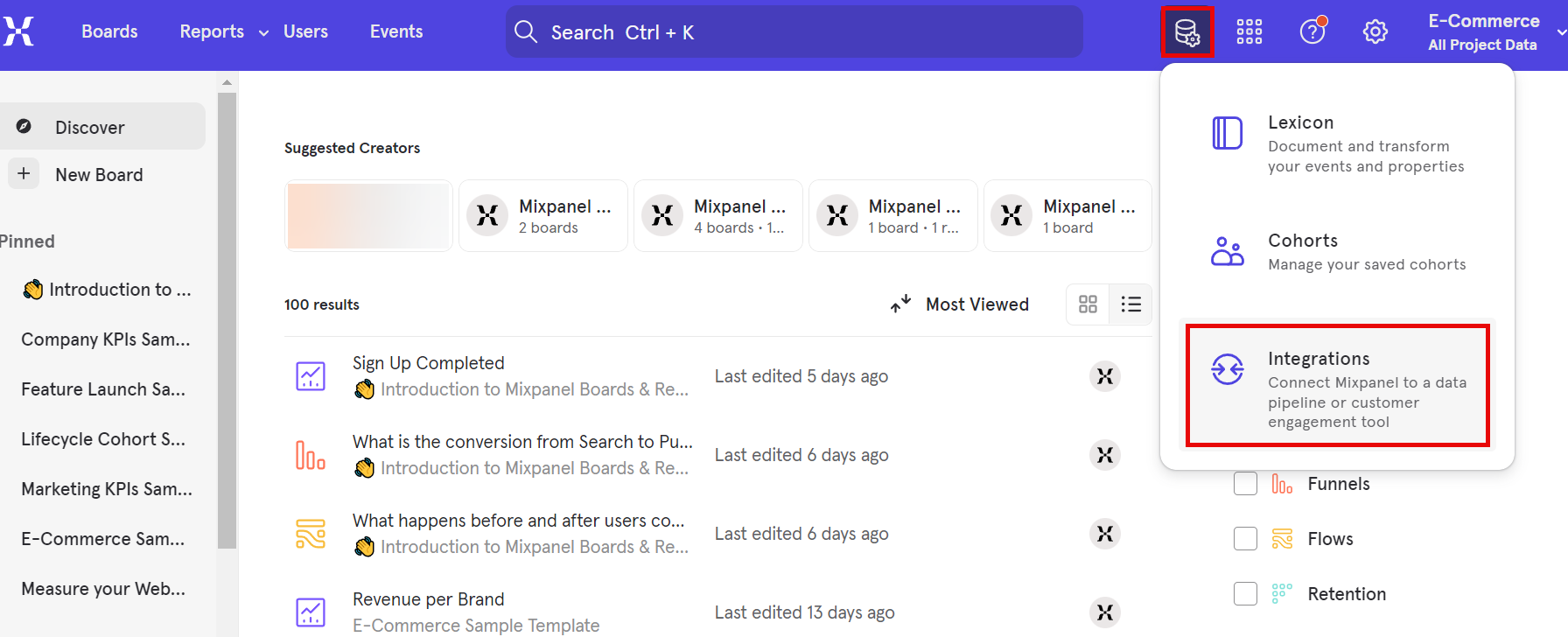 Integrations in Mixpanel Dashboard