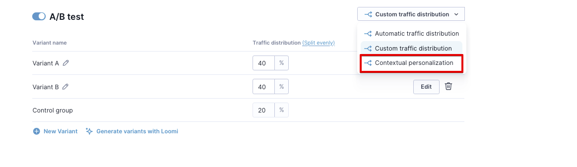 A/B test section showing Contextual personalization selected with custom traffic distribution option.