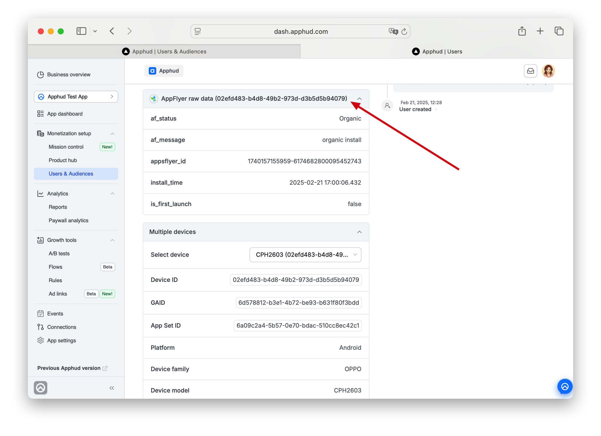 AppsFlyer - Raw attribution on a User Page