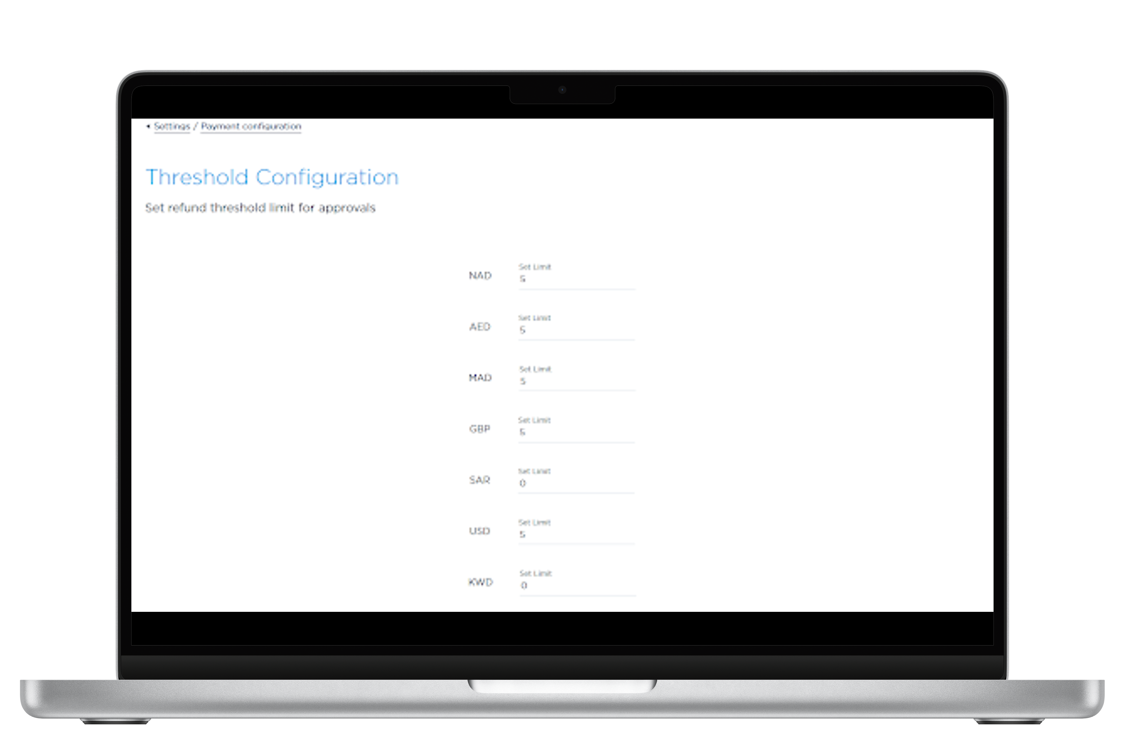 The screenshot displays the deferred authority refund threshold configuarion screen. 