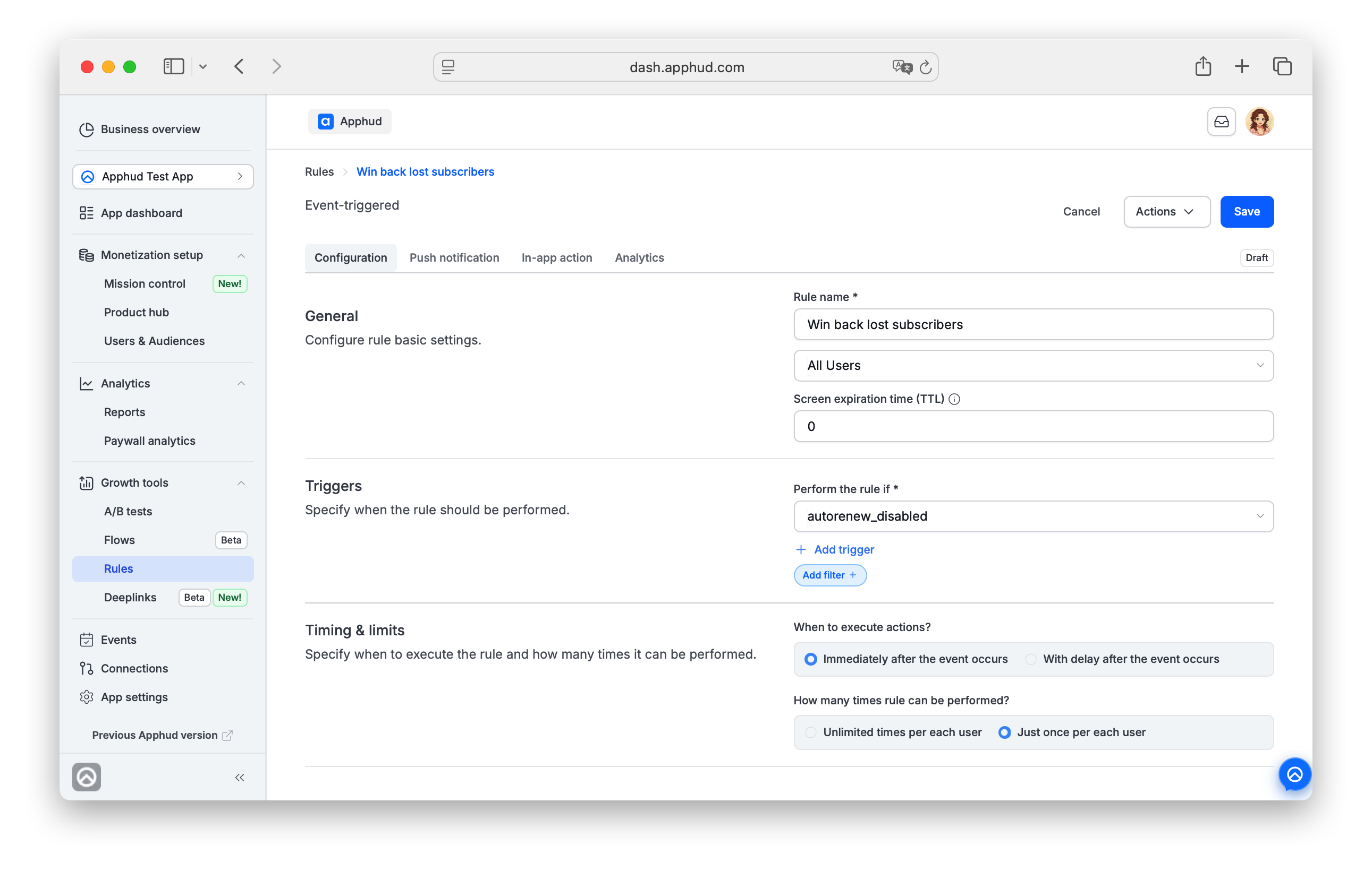 Apphud - Win back lost subscribers Rule template