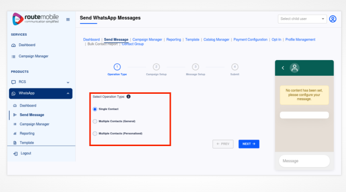 Send WhatsApp Messages screen showing operation type options