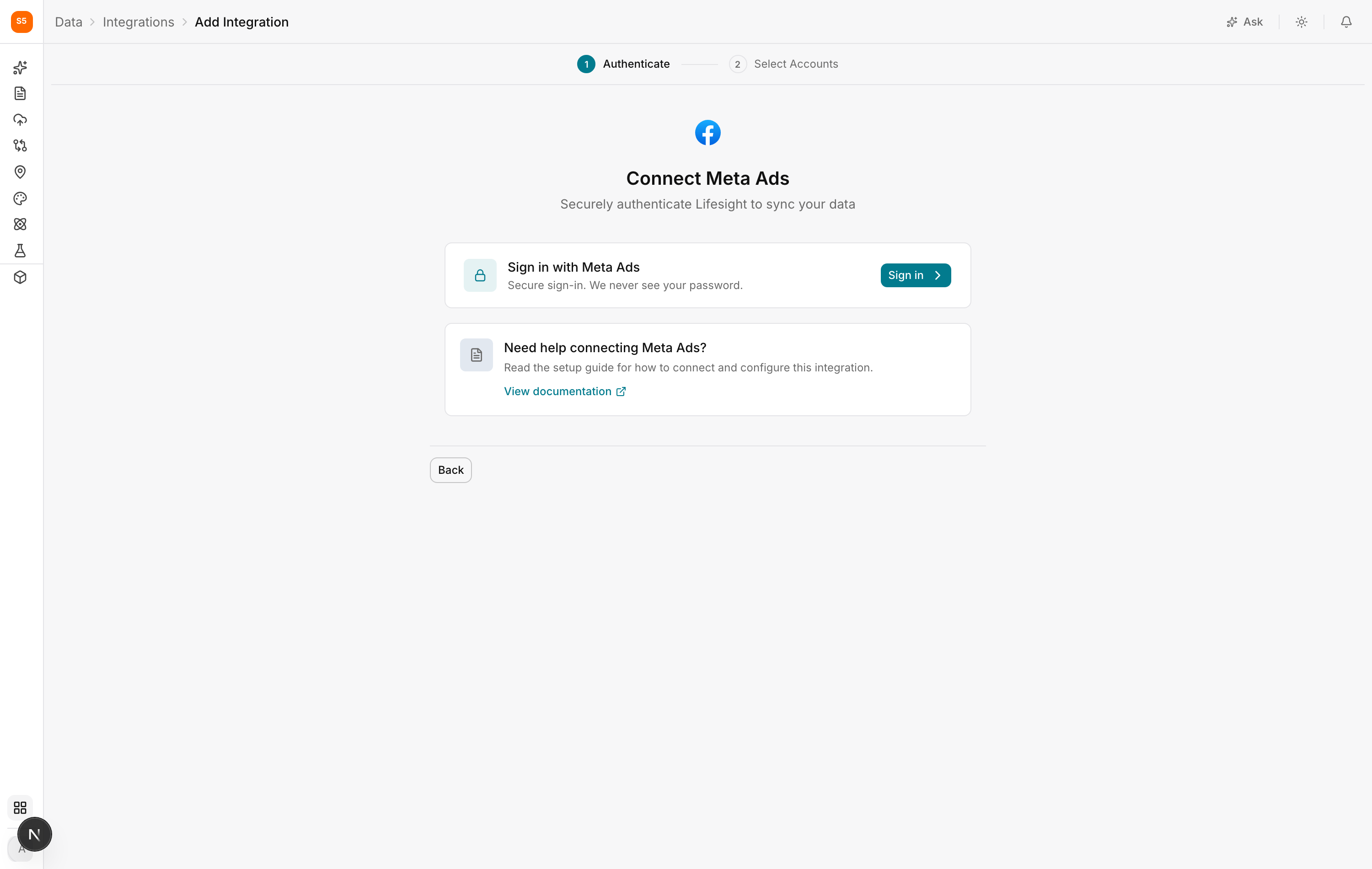 The Meta Ads authentication step