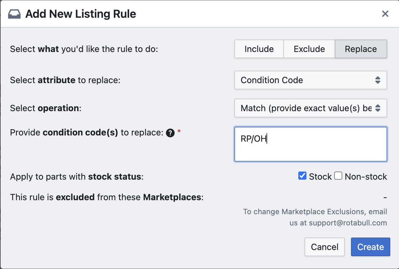 An example of a Replace rule that will list your RP condition parts as OH on marketplaces