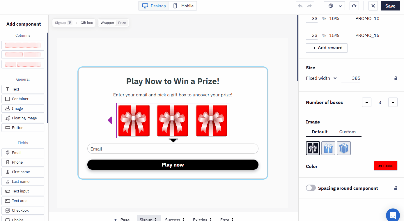 Gift box widget Style settings showing Number of boxes, Image, and Color options