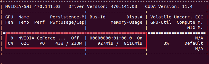 A screenshot of the command output with the name of the GPU device and its memory usage highlighted.