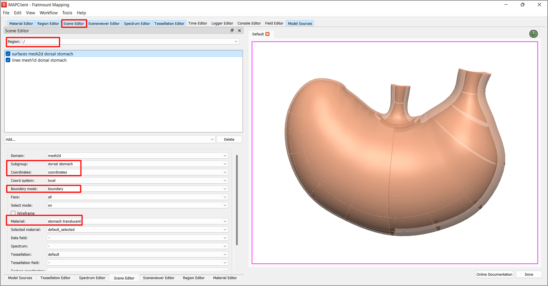 Figure 13. Scene Editor settings for displaying lines and surface of a dorsal stomach scaffold.