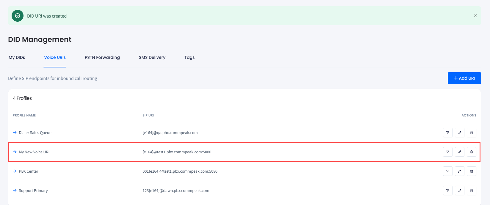 Screenshot of the new profile record added