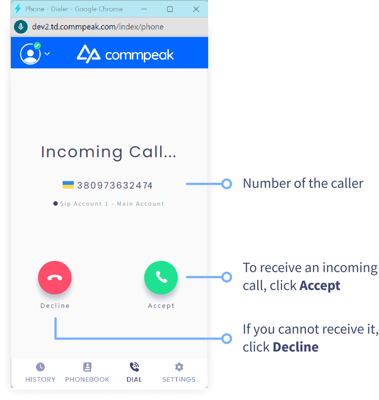 Screenshot of the incoming call options