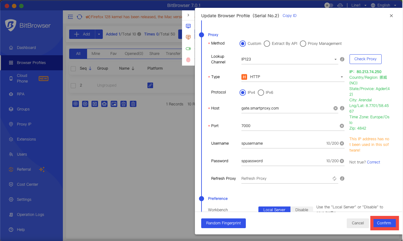 Confirmation for Proxy in Bitbrowser