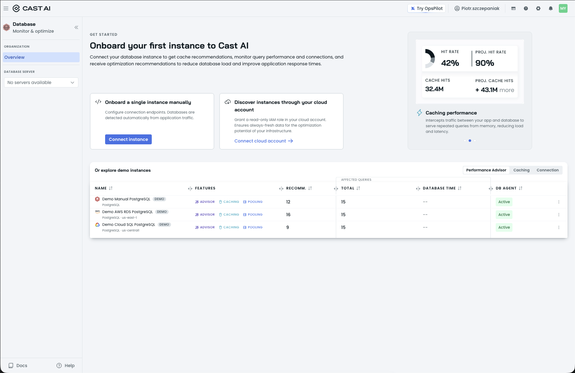 Organization Overview empty state with the Onboard your first instance panel and the Connect instance button
