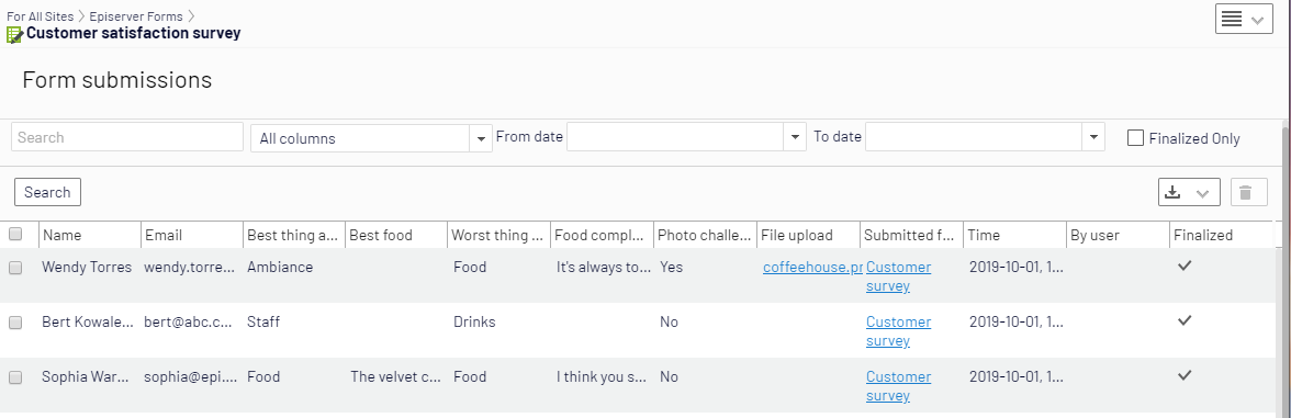 Screenshot of the Form submissions view where displaying submitted survey data for review