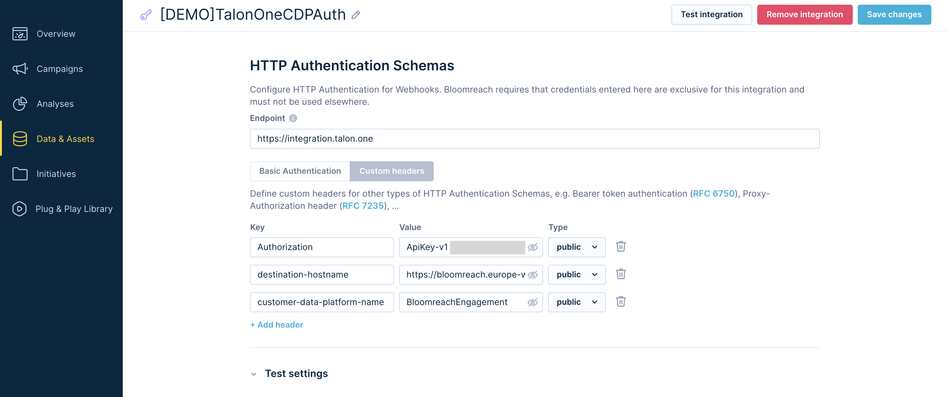 HTTP authentication schema for CDP Talon.One