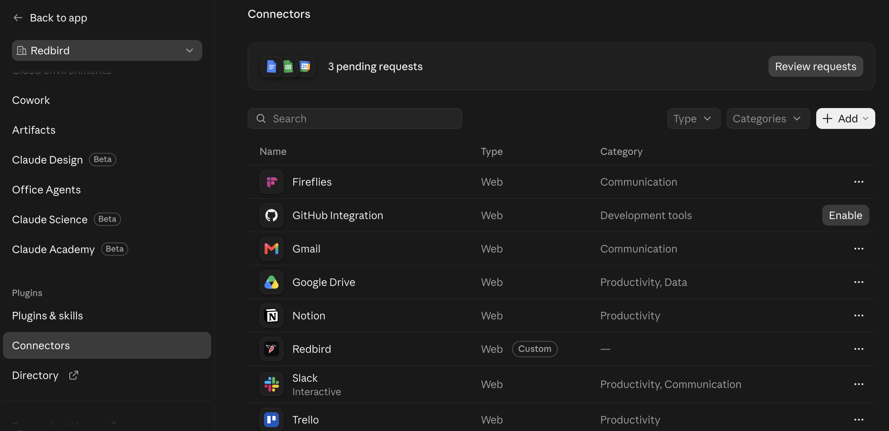 Placeholder: the Redbird connector listed as connected in Claude's Connectors settings