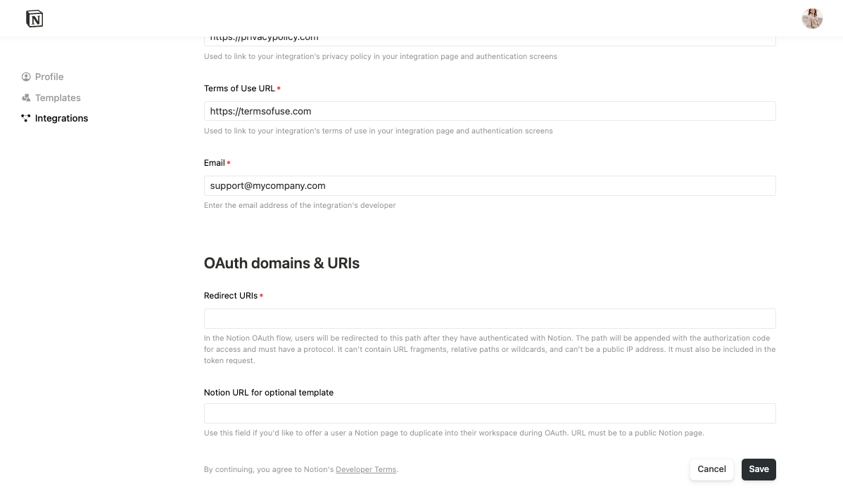 Notion URL for optional template input in integration settings.