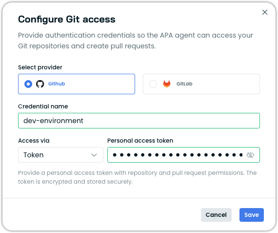 Configure Git access dialog