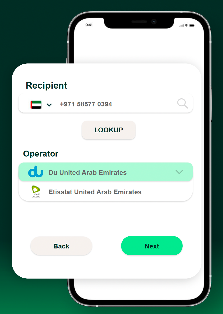 Mobile Screen. Under section Recipient, a UAE number is entered. Below that, a button called LOOKUP. Then a section Operator, with Mobile Operators for UAE listed.