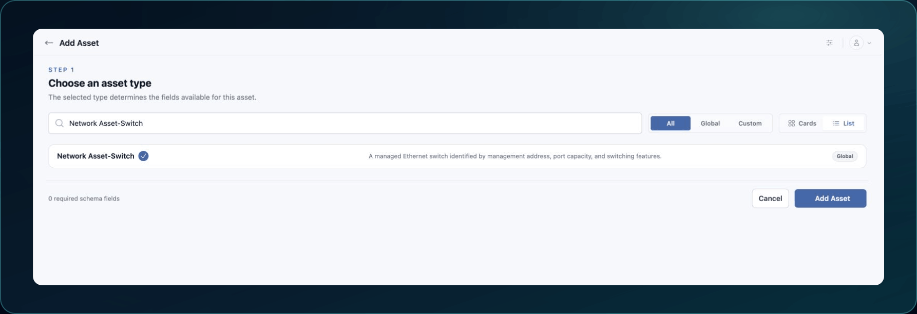 Add Asset picker in List view with an example Asset Type selected.