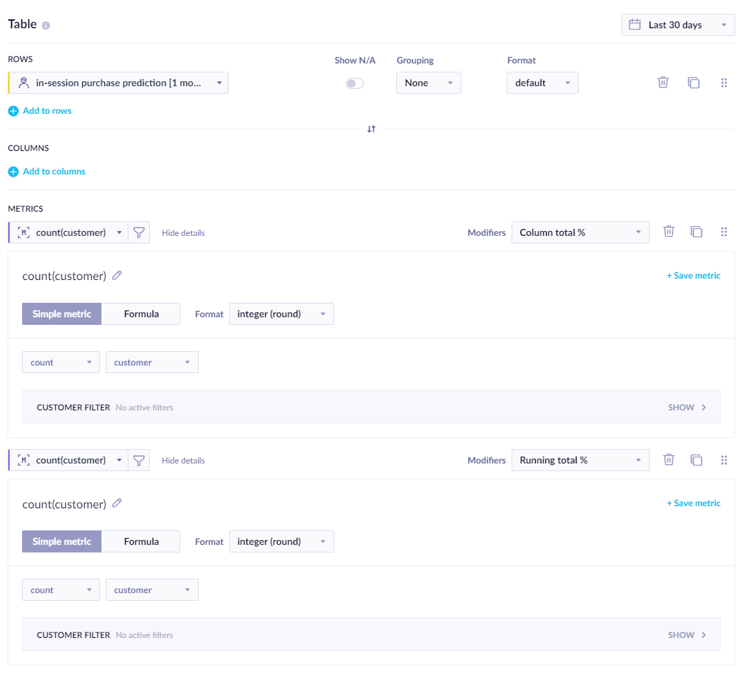 Create a simple report to find out best segmentation tresholds for in-session prediction.
