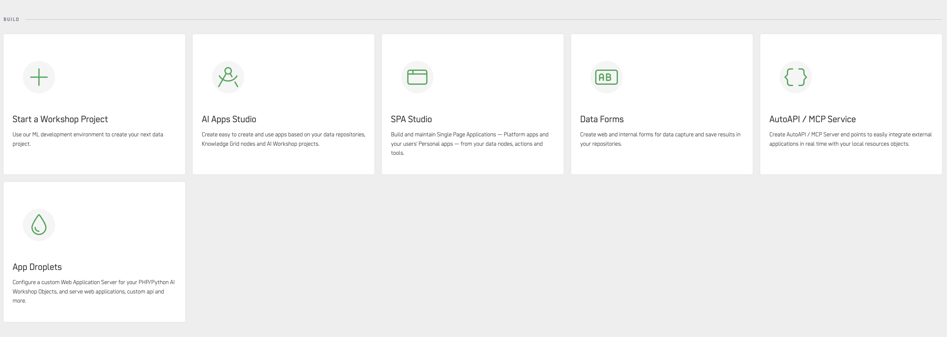 Build section of the home dashboard