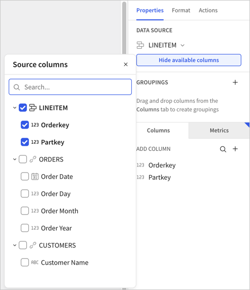 Table element selected with the metrics panel open and showing ORDER_AVERAGE_VALUE, ORDER_MAX_VALUE, and ORDER_SUM_VALUE metrics. The source columns list is also open and showing the dimensions available from related tables, CUSTOMERS table showing CUSTOMER_NAME and the ORDERS table showing ORDER_DATE, ORDER_DAY, ORDER_MONTH, and ORDER_YEAR dimensions.