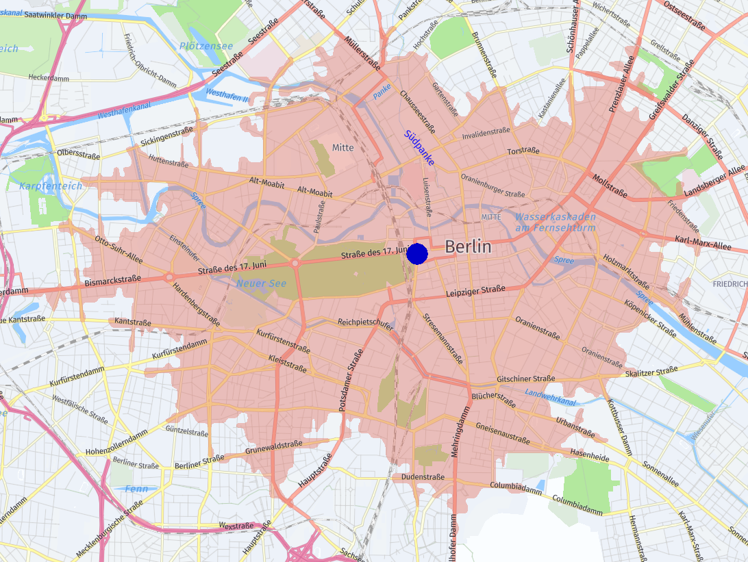 Example reverse direction isoline representing a travel time period of ten minutes to the center of Berlin