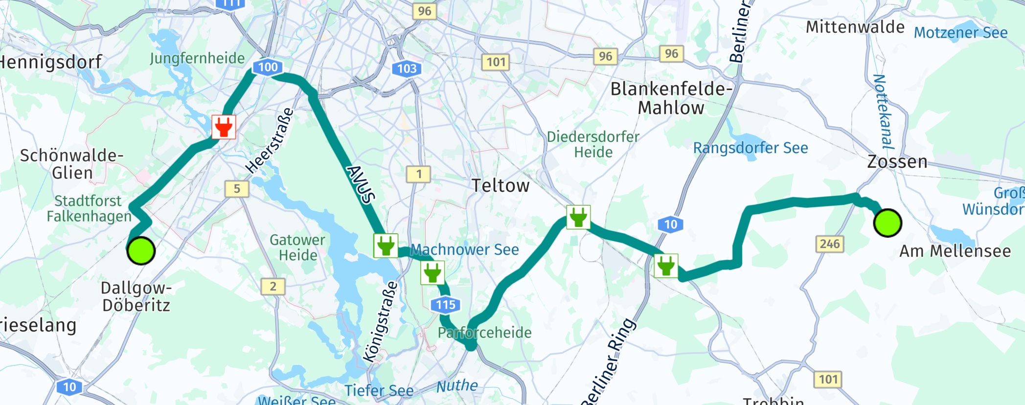 Screenshot: Showing found charging stations along a route.