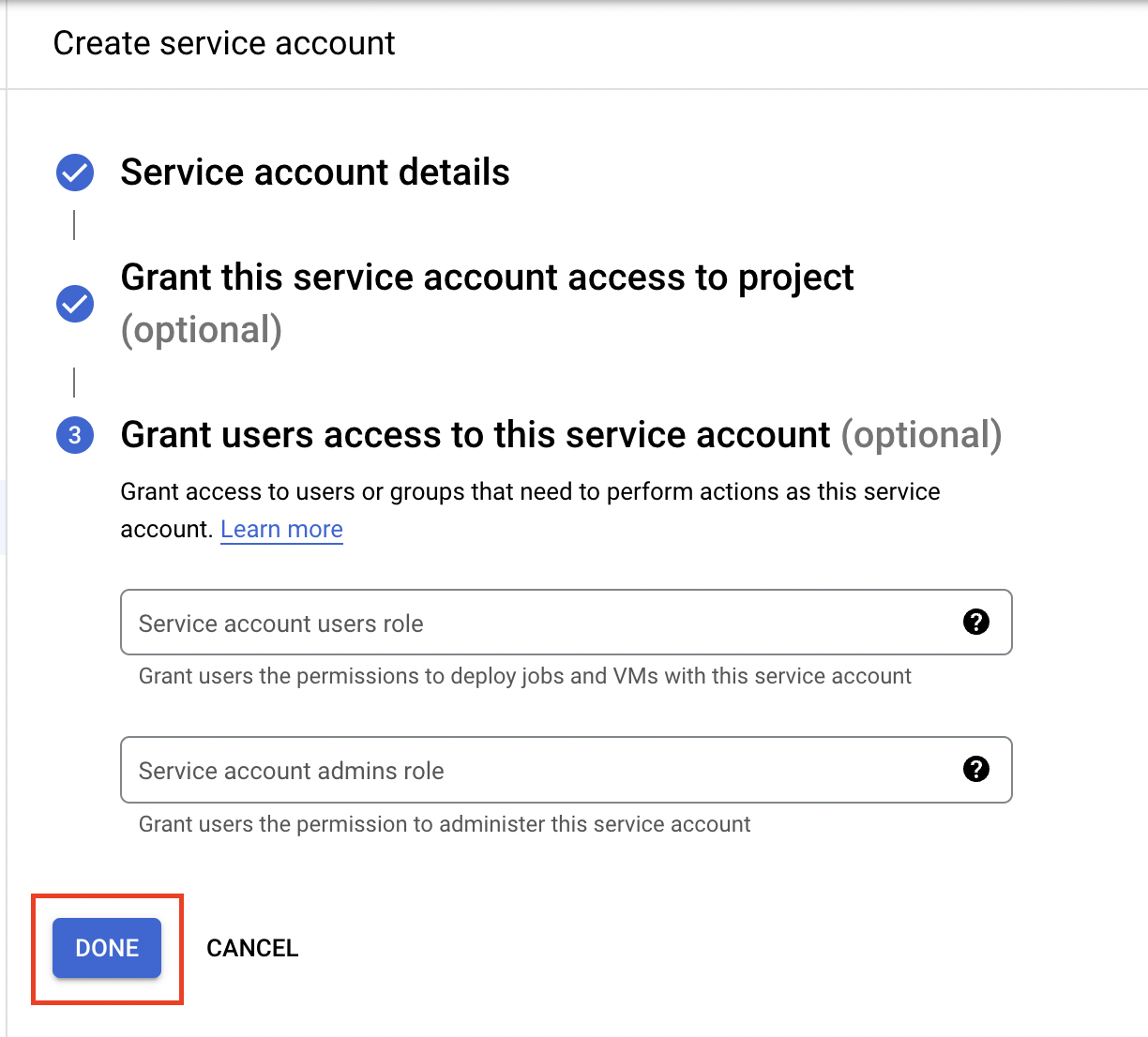 Screenshot of optional grant users access to service account
