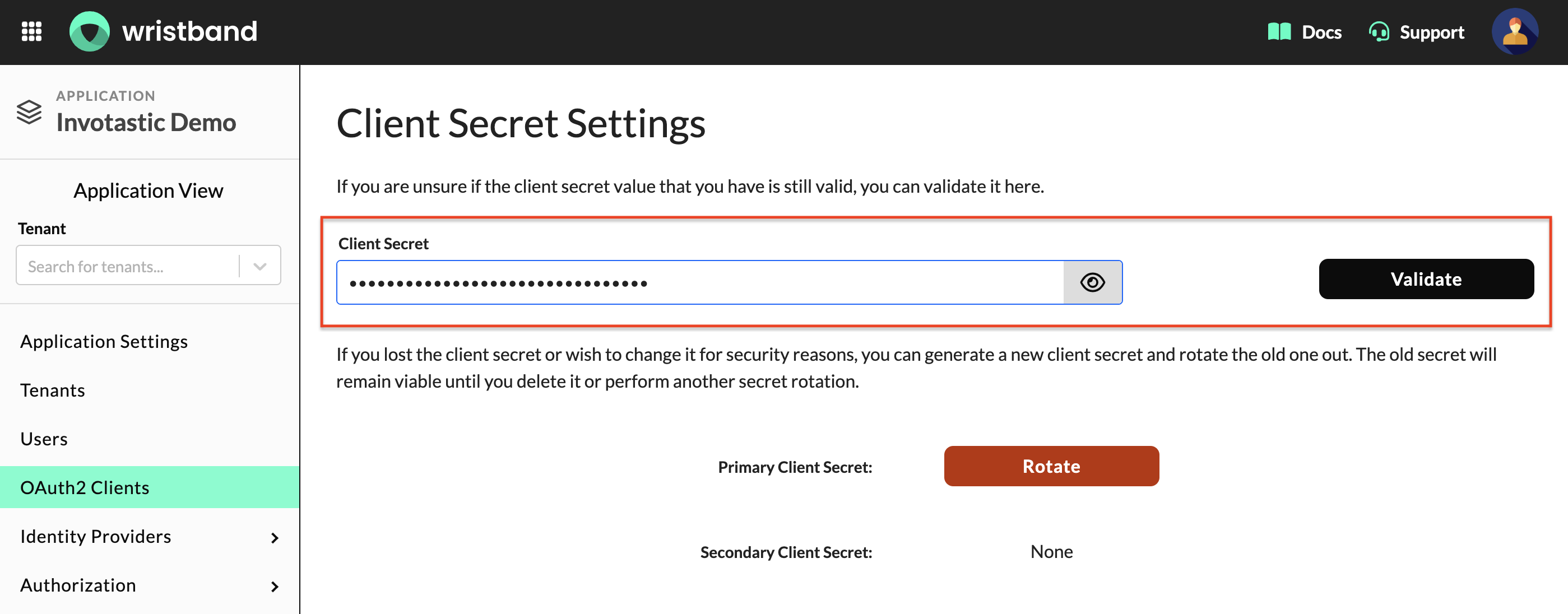 Client Secret Settings page showing the Client Secret field and Validate button.