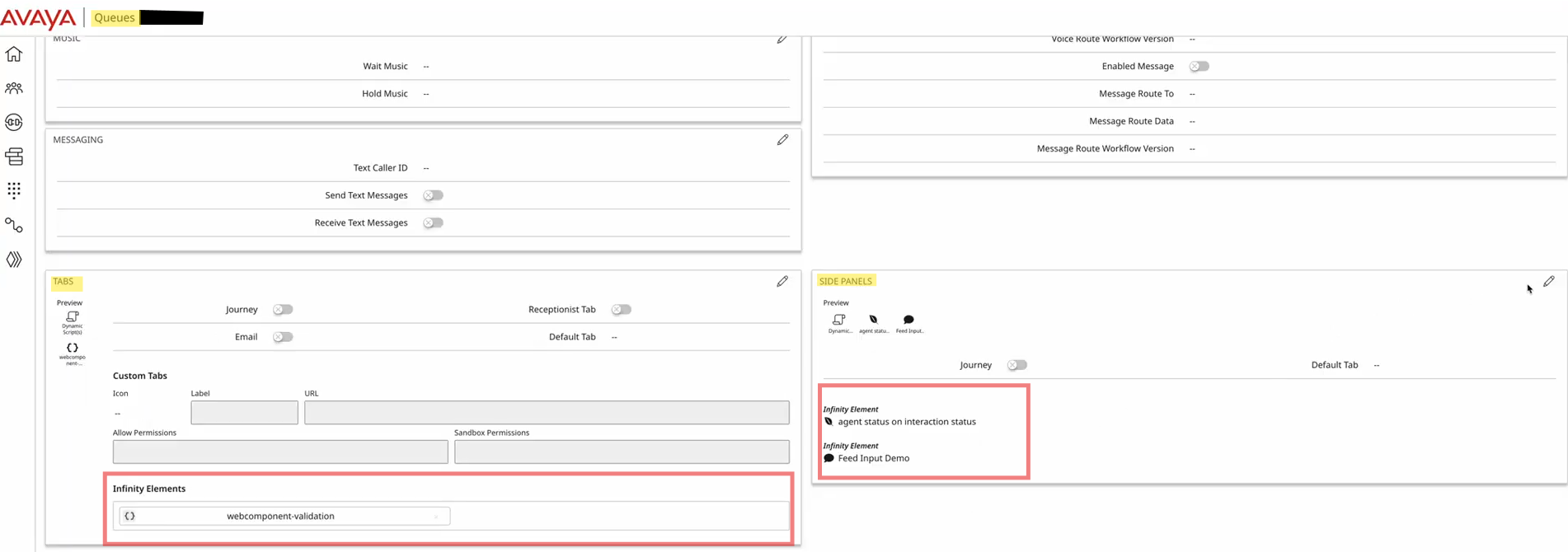 Avaya Infinity Admin - Queue's Tab and Side Panel - Infinity Element Config