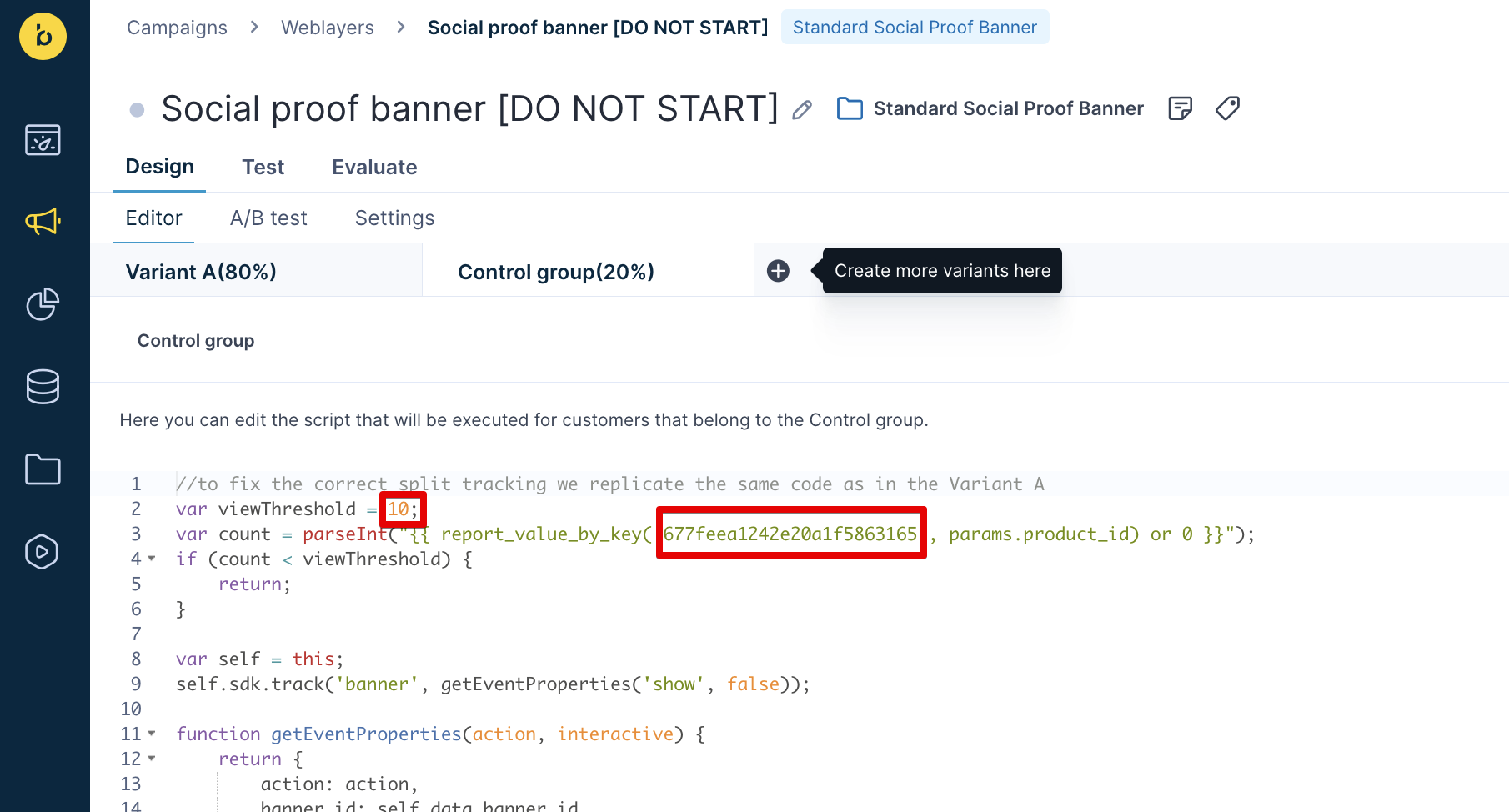 Control Group configuration interface showing code editor with highlighted values for viewThreshold and report_value_by_key parameters