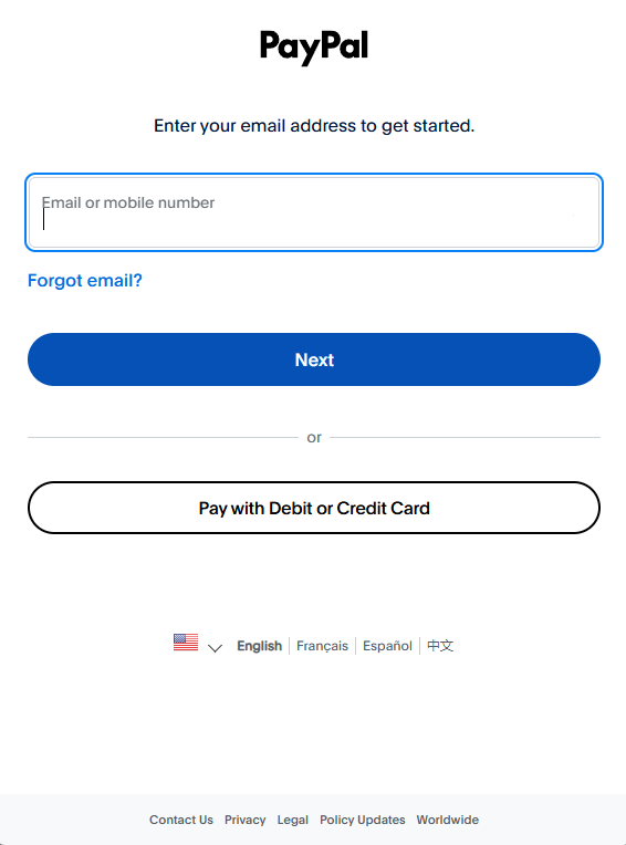 Screenshot of the PayPal login