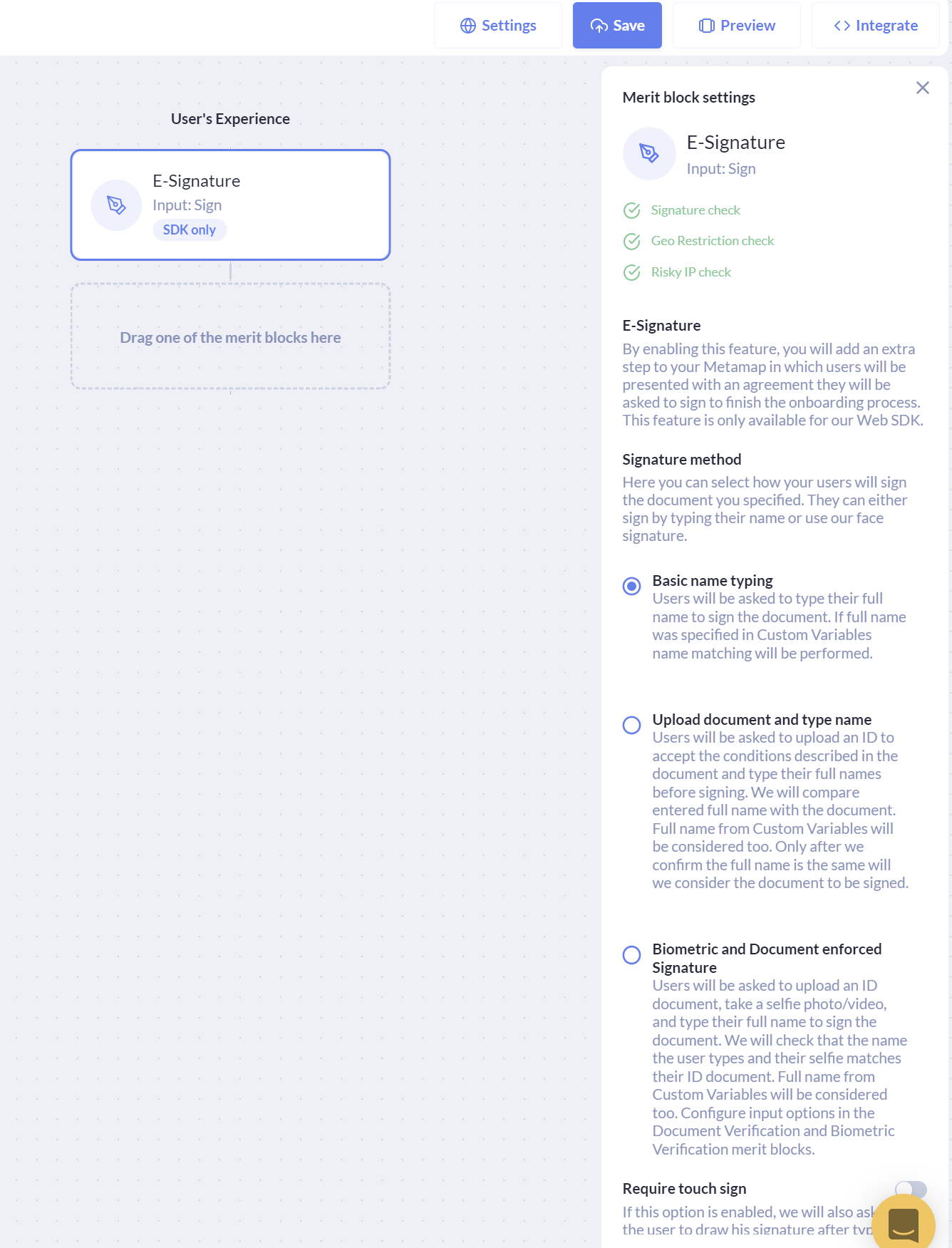 Dashboard user flow with E-Signature, and the selection of signature type: basic name typing.