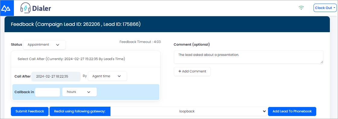 Screenshot of the Feedback page