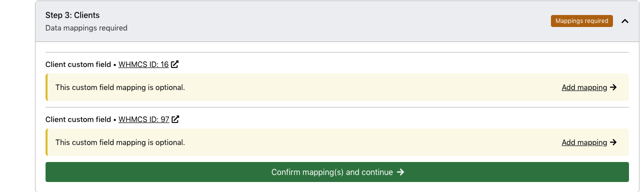Mapping options for custom fields on the client import.
