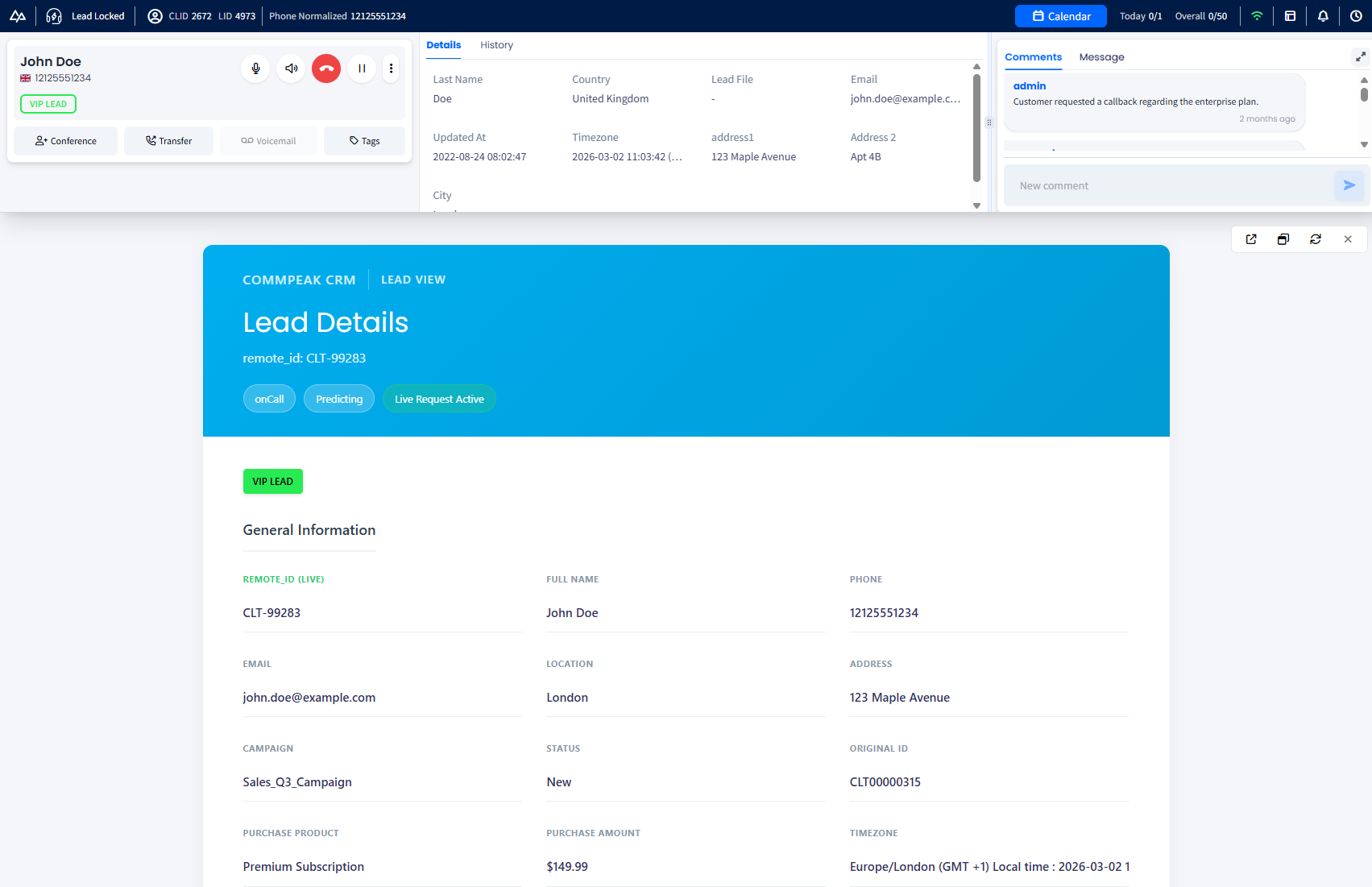 Screenshot of the Lead details obtained from the CRM