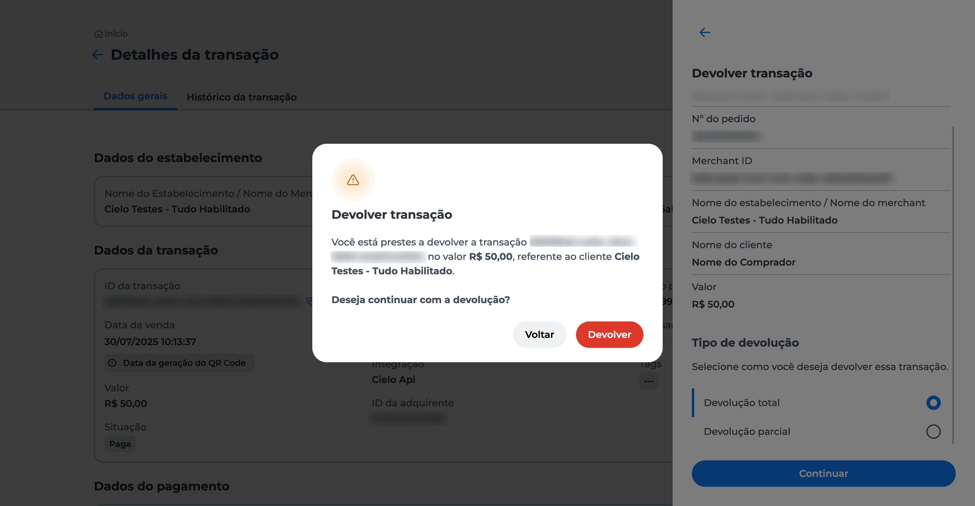 Tela de confirmação da devolução exibida; opção "Devolver" disponível para confirmar e seguir com o processo de devolução via Pix.