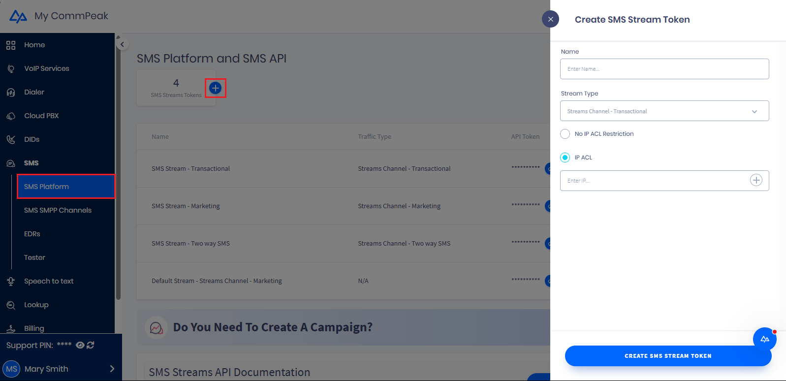 Screendshot of screating a new SMS Stream token