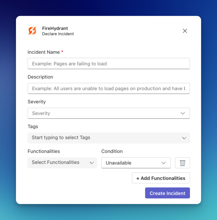 Example of an incident creation modal. Fields are customizable