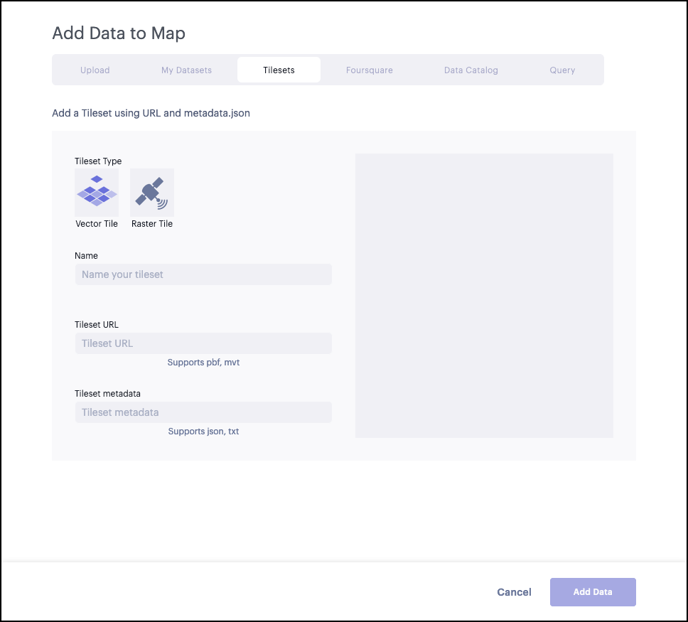  The Tilesets tab in the Add Data to Map window.