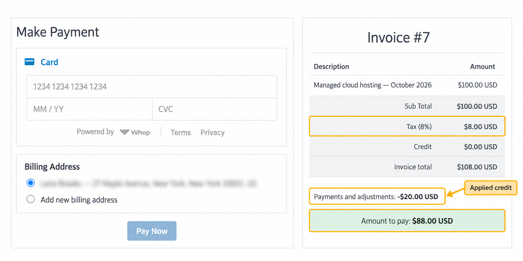 Invoice summary with tax and credit