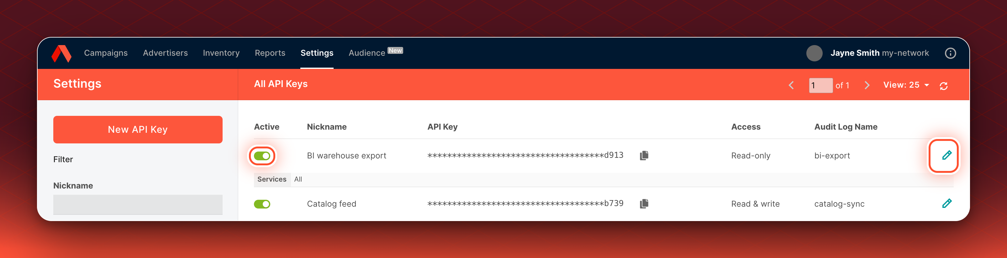 The API Keys page with the Active toggle and the pencil icon ringed in red on the first row.