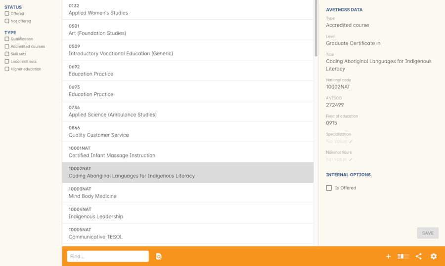 The Qualifications/Units of Competency window in three-column view mode