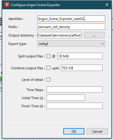 Figure 5. Argon Scene Exporter\_ step configured for outputting webGL into a scaffold directory in the skeleton dataset)