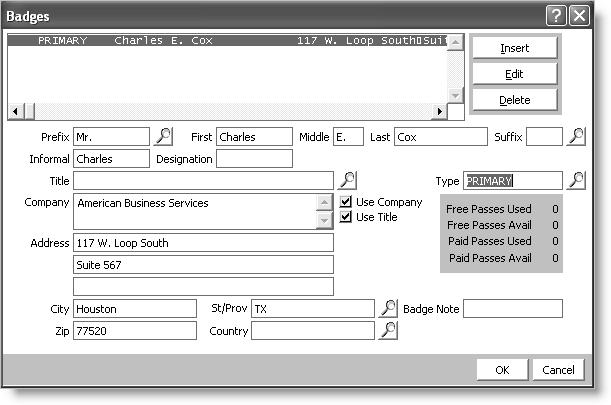 From Exposition, select Process booth orders, open an order, click Options, and select Badges