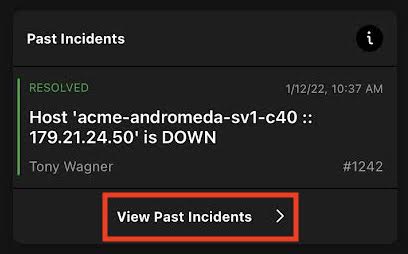 A screenshot of the PagerDuty mobile app showing Past Incidents