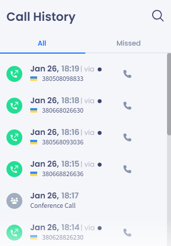Screenshot of the Call History screen