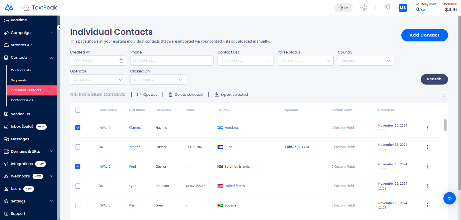**Individual Contacts** menu tab