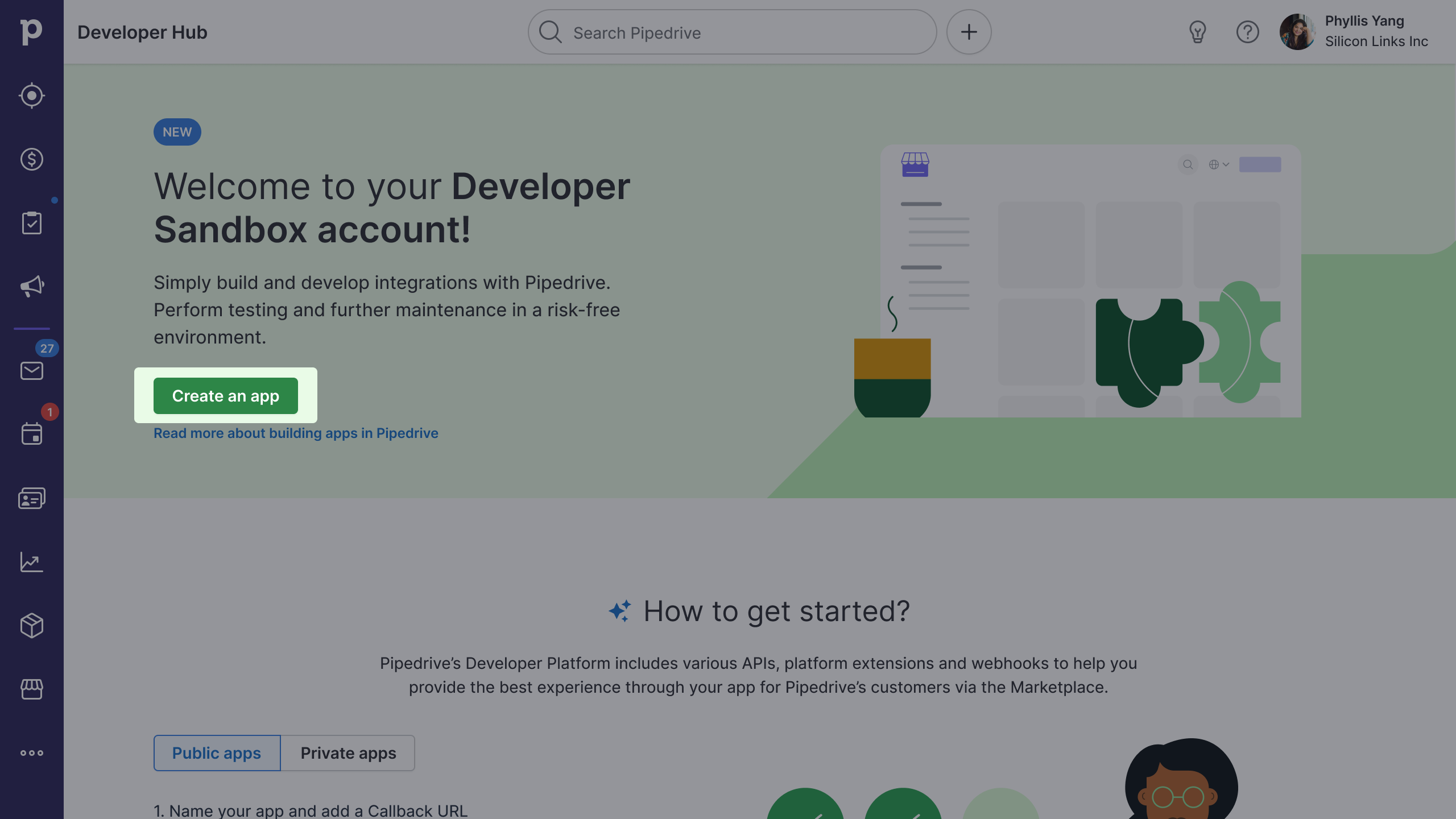 Developer Hub - create a new app
